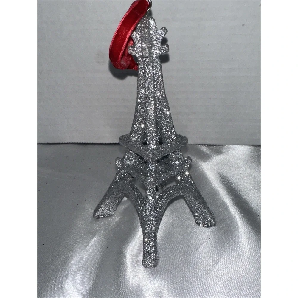 Silver Glitter Eiffel Tower Christmas Ornament Paris France Red Velvet Ribbon